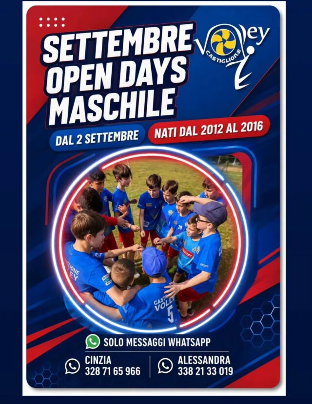 🟥🟦 Open Days 🟥🟦  🏐 LA TUA PRIMA SCHIACCIATA PARTE DA QUI ! 🏐  Pallavolo Maschile Anni dal 2012 al 2016
SCEGLI IL GIORNO PER VENIRE A PROVARE! 
Ti aspettiamo nella palestra Belvedere 🕙 DALLE 10.00 ALLE 12.00  🔴mercoled&igrave; 2 settembre 
🔵gioved&igrave; 3 settembre 
🔴venerd&igrave; 4 settembre
🔵luned&igrave; 7 settembre 
🔴marted&igrave; 8 settembre 
🔵gioved&igrave; 10 settembre 
🔴venerd&igrave; 11 settembre  🏐 STACCA DAL TELEFONO. ENTRA IN CAMPO.
Muoviti, divertiti e condividi lo sport con i tuoi coetanei.
La prova &egrave; GRATUITA!