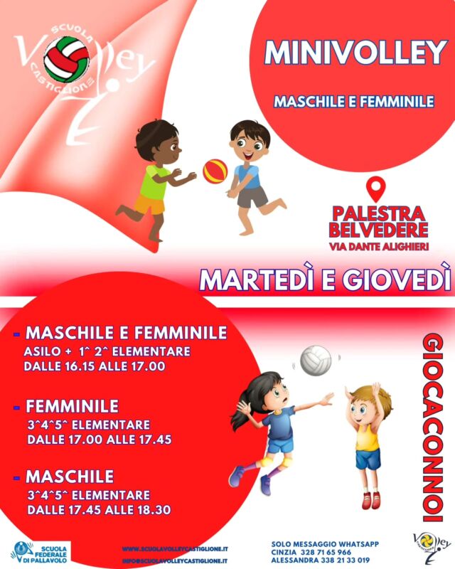 🟥🟦MINI VOLLEY🟥🟦
✨️OPEN DAYS✨️
Dal 15 settembre nella palestra Belvedere partono i corsi dedicati ai bambini e alle bambine della scuola dell'infanzia e della scuola primaria
👉🏽anni dal 2021 al 2016  🏐Il gioco di squadra inizia da piccoli...emozioni e divertimento!
👶Cresci con noi un palleggio alla volta...con Mini Volley Castiglione!
Ti aspettiamo!😆
💪🏿❤️💙