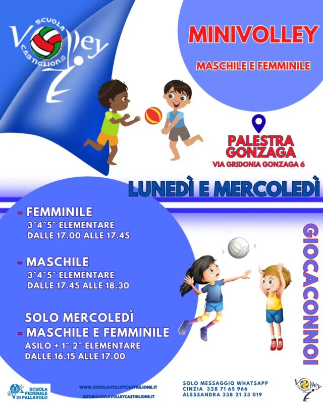 🔴🔵MINI VOLLEY🔴🔵
✨️OPEN DAYS✨️
Dal 14 settembre nella nuova palestra Gonzaga partono i nuovi corsi dedicati ai bambini e alle bambine della scuola dell'infanzia e della scuola primaria
👉🏽anni dal 2021 al 2016  🏐Salta, gioca, sorridi...entra nel mondo del Mini Volley Castiglione
🌈Ogni allenamento &egrave; un'avventura! 
Ti aspettiamo!😆
💪🏿❤️💙