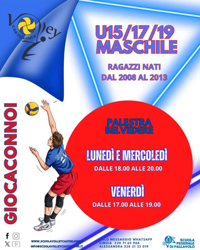 🟥🟦PALLAVOLO GIOVANILE MASCHILE🟥🟦  ✨️OPEN DAYS✨️  Dal 7 settembre nella palestra Belvedere partono gli allenamenti delle nostre squadre giovanili maschili under 15, under 17 e under 19
👉🏽anni dal 2013 al 2008  🏐Scopri quant'&egrave; bello fare squadra!
🥳Vieni a provare...il primo allenamento potrebbe farti innamorare della Pallavolo!  💪🏿❤️💙